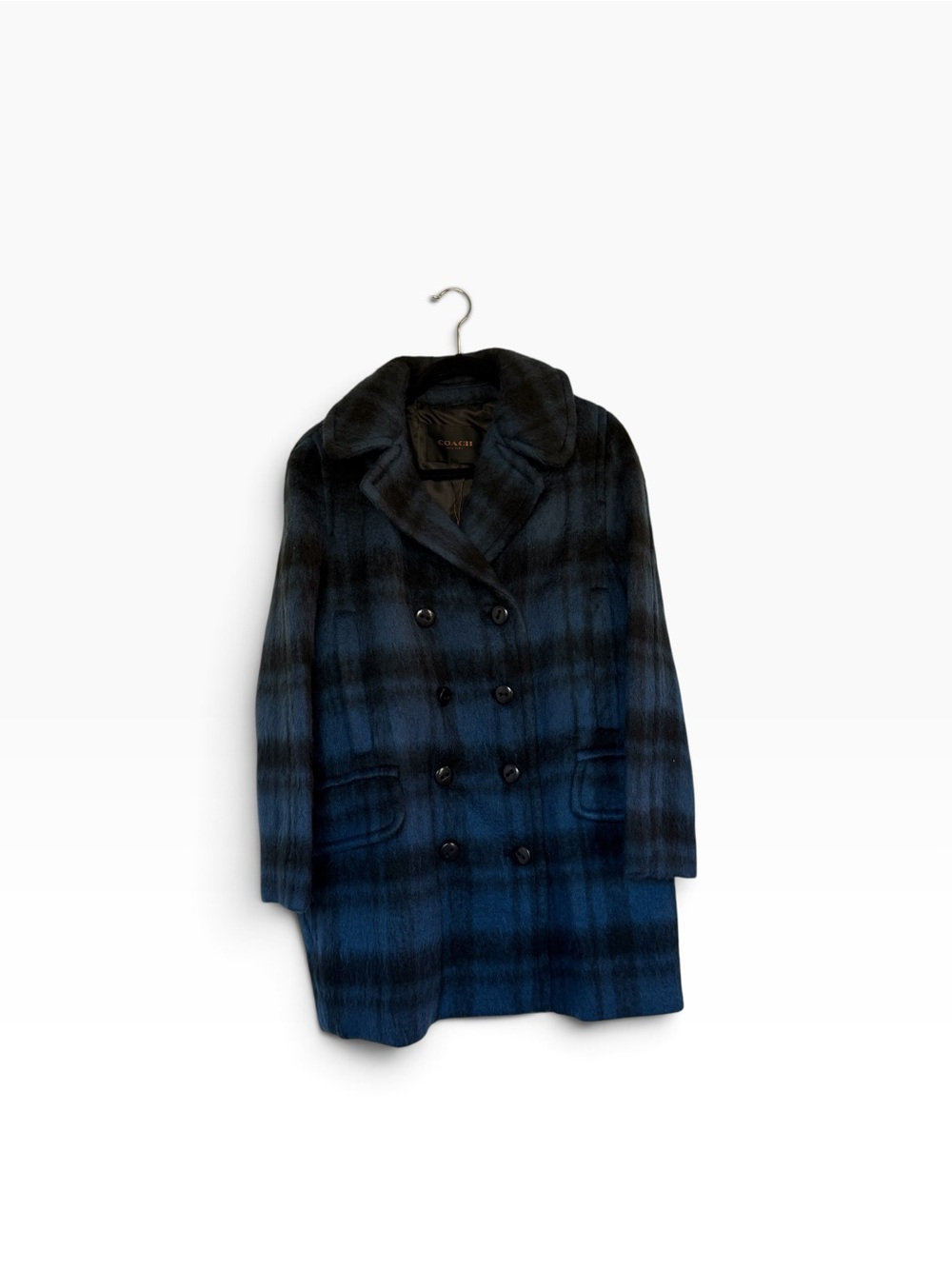 Authenticated Coach Quiet Luxury Double-Breasted Plaid Wool-Blend Peacoat Size L